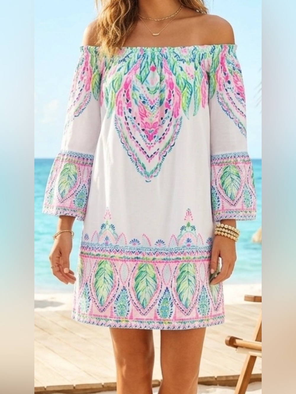 LILLY PULITZER Nevie Off - The - Shoulder Dress - “Coconut Coast “ size XXS